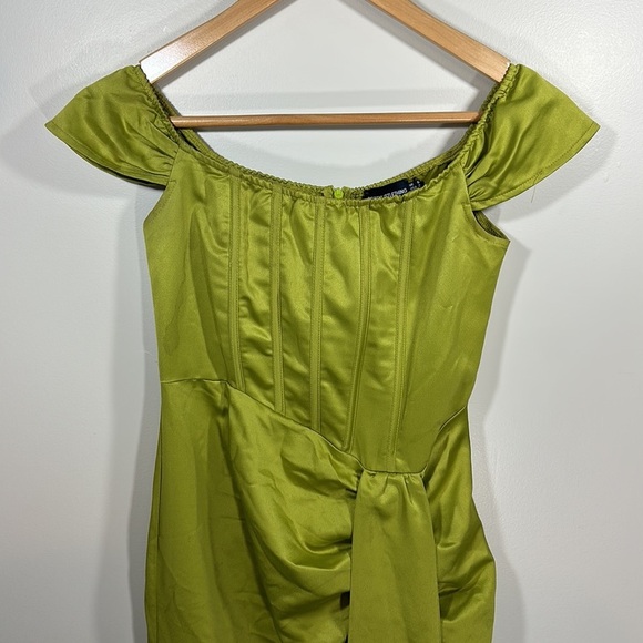 PrettyLittle Thing Olive Satin Bardot Tassel Hem Draped Midi Dress Satin Formal - Picture 12 of 16